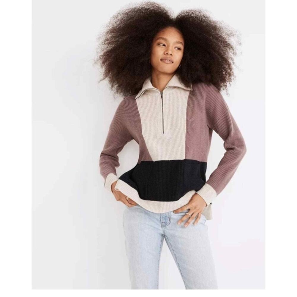 Madewell Glenbrook Half Zip Pullover Color Block Merino Wool Blend Sweater Sz XS